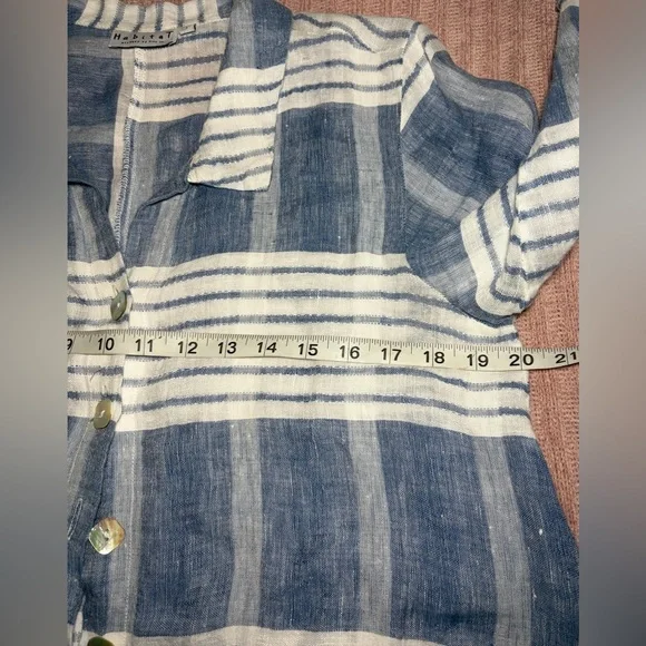 Habitat 100% Linen Blue and White Striped Shirt Button Down 3/4 Sleeves Sz S - Picture 6 of 8
